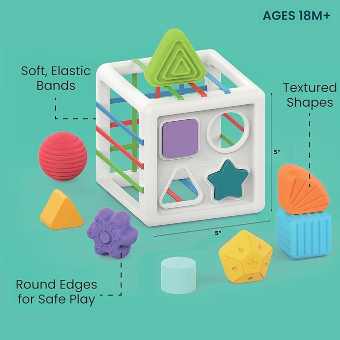 Shape Sorter Baby Toys, Sorting & Stacking Blocks Toy for Toddlers, Sensory Shapes, Early Learning Development Activity Cube for Boys & Girls, 18+ Months