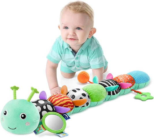 LIGHTDESIRE Baby Toys 6-12 Months Musical Caterpillar,Infant Toys Stuffed Animals with Ruler Design Mirror,Pull String,Crinkle&Rattles,Teething Toys for Tummy Time, Boy Girl Gifts 0-12 Months(Blue)