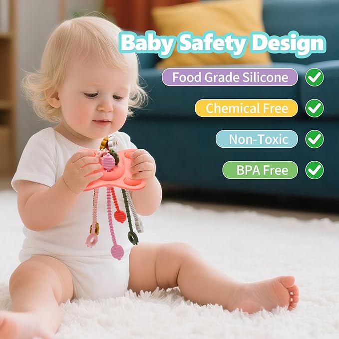 Silicone Montessori Sensory Toys for 18 Months Baby, Drawstring Activity Toy, Early Learning Fine Motor Skills Toys, Car Seat Airplane Travel Teething Toys (Pink)