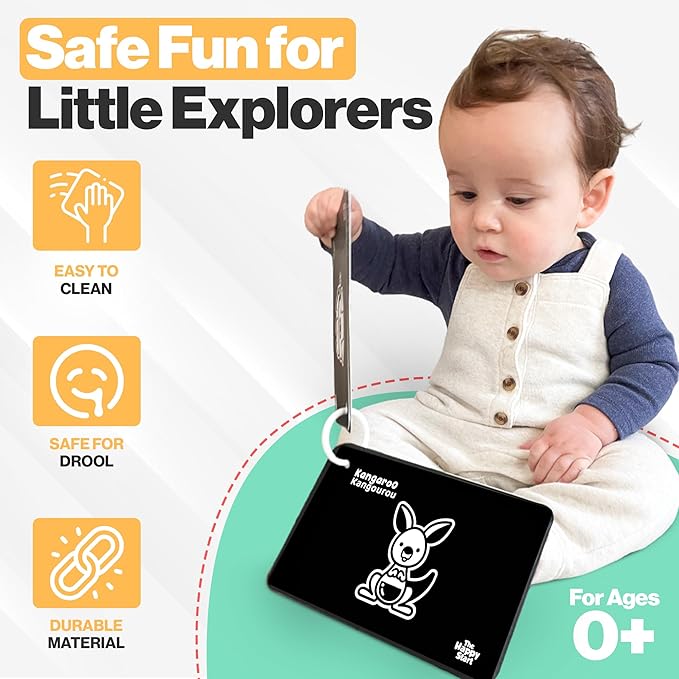 Happy Start High Contrast Baby Cards for Newborns - Black & White Cards, Water-Resistant, BPA-Free, Portable Educational Flashcards for Visual Stimulation, Award-Winning, Ages 0+(English & French)