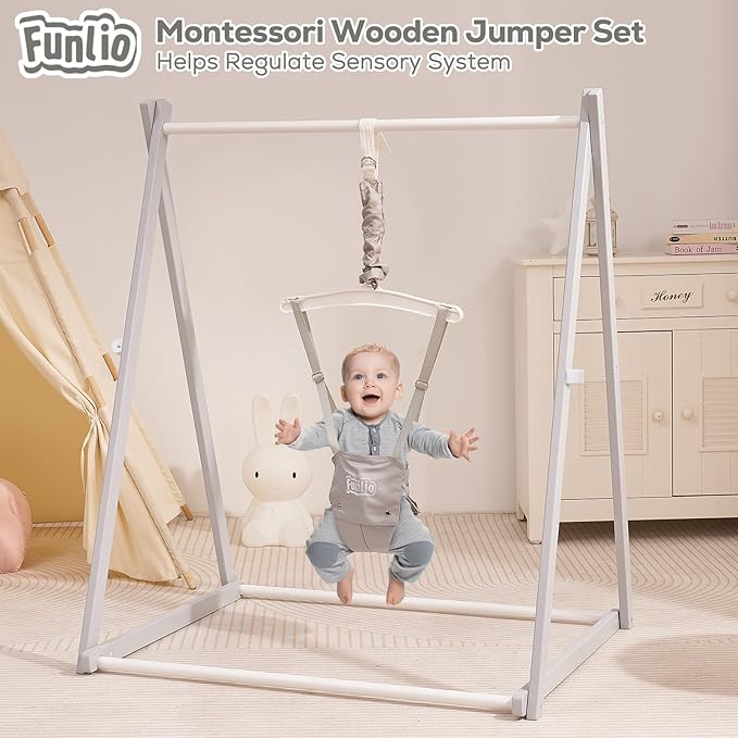FUNLIO Montessori Wooden Baby Jumper with Stand for 6-36 Months, Adjustable Baby Bouncer for Indoor/Outdoor Play, Foldable Toddler Jumper for Baby Girl/Boy, Easy to Assemble & Store - Grey