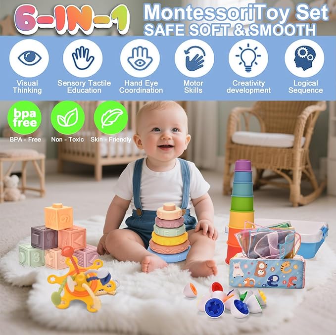 Baby Toys 6-12 Months,Baby Montessori Toys for 1 Year old,6-in-1 Sensory Toys for Babies 6-12 Month,Stacking Cups Building Blocks,Teething Pull String,Tissue Box Toys for 6-9-12-18 Months Baby Gifts