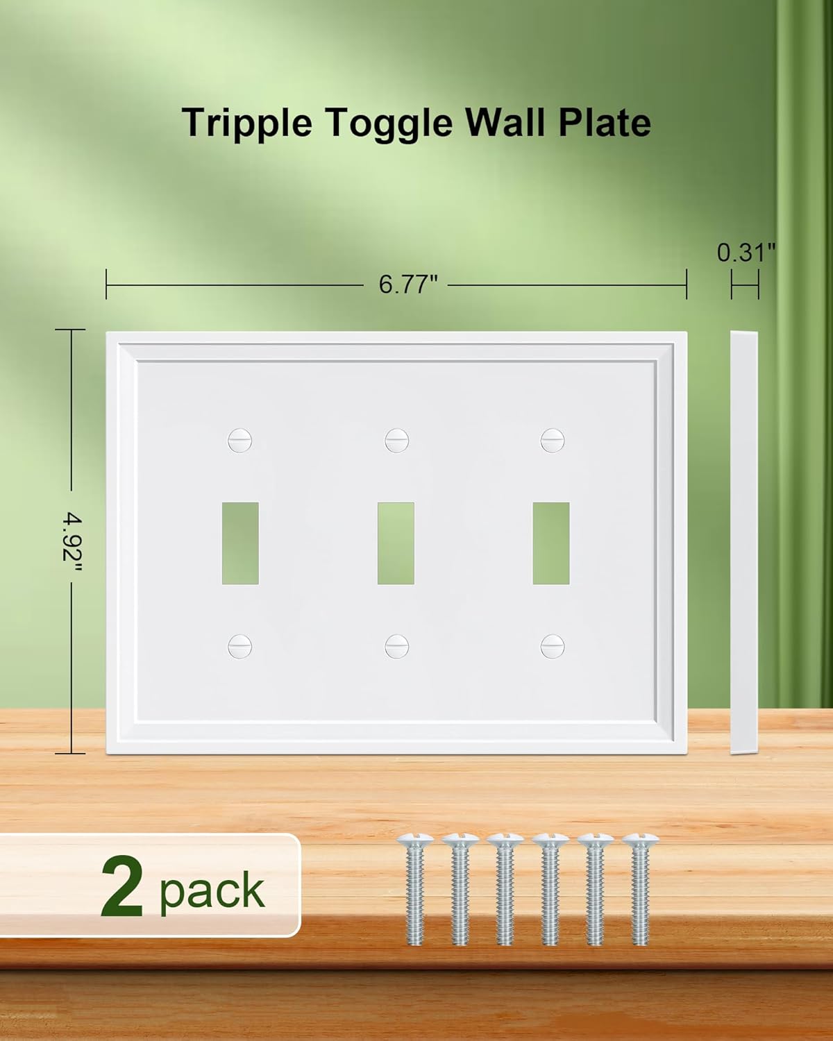 2-Pack Triple Toggle Light Switch Cover Plate, White Decorative Switch Plate Covers, Natural Bamboo Fiber 3 Gang Wall Plate, Corrosion Resistant