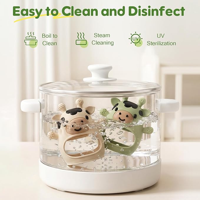 TOHIBEE 2 Packs Baby Teething Toys for 0-6 6-12 Months, Food Grade Silicone Adjustable Cow Teething Mitten, Chew Teether Toys for Teething Pain Relief, Baby and New Born Essentials, Green & Beige