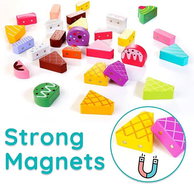 Wooden Ice Cream Truck, 28 pcs Magnetic Ice Cream Sweet Treats Pretend Play Food & Accessories, Montessori Sorting & Stacking Toys for Toddler Girls & Boys Age 2-5