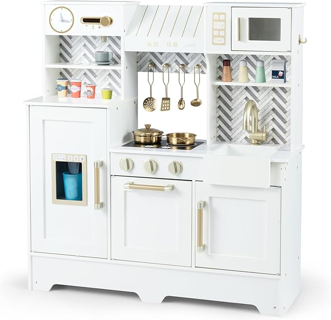 HONEY JOY Play Kitchen, Wooden Toy Kitchen Set with Coffee Maker, Microwave, Range Hood, Ice Maker, Stove, Dish Rack, Cookware, Pretend Play Kids Kitchen Playset for Toddler Boys Girls (White)