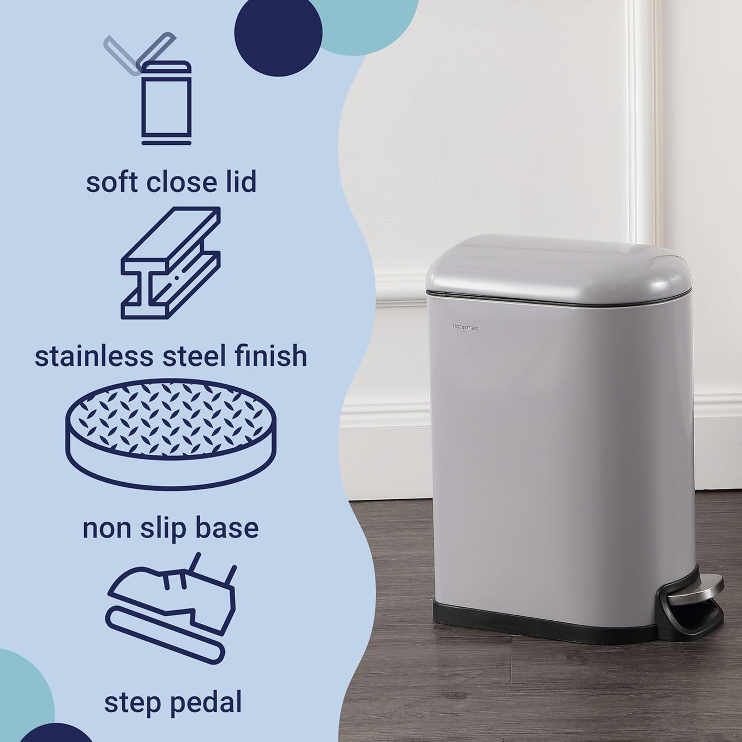 happimess HPM1009I Roland Mini 2.6-Gallon Step-Open Trash Can, Fog Gray,with Soft-Close Lid, Fingerprint Resistant, Modern, Minimalistic for Home, Kitchen, Laundry Room, Office, Bedroom, Bathroom