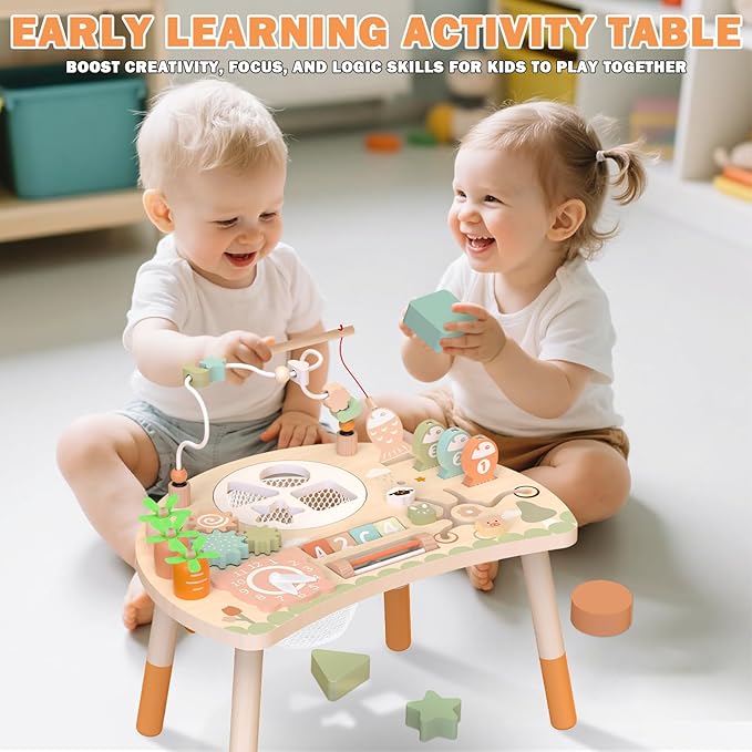 Activity Table, 9-in-1 Wooden Montessori Toy Activity Center with Shape Sorter Fishing Game Bead Maze, Baby Play Table Sensory Educational Toys for Toddler