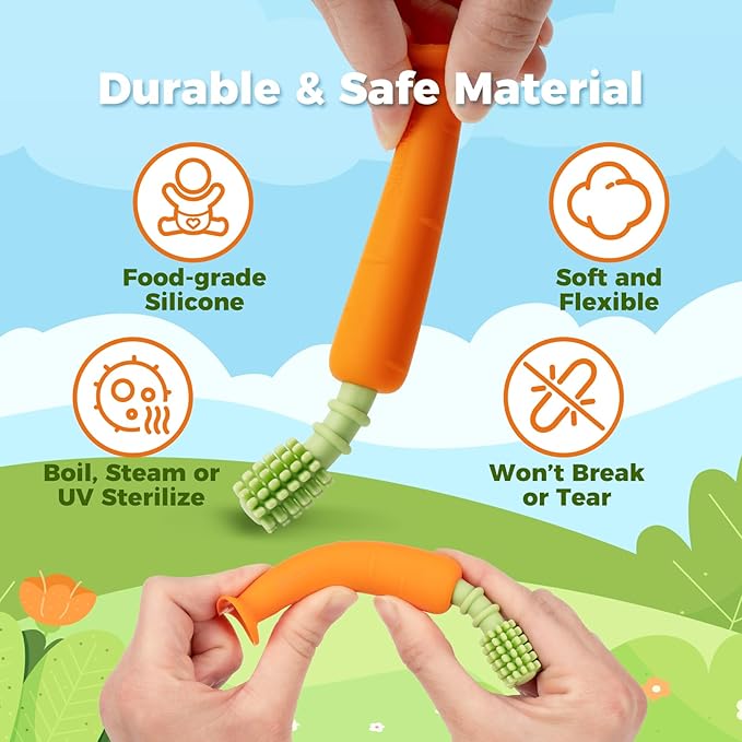 Papablic Baby Toothbrush Teether, Teething Toys 6-12 Months, 360° Carrot Teether Baby Stuffers for Toddler Infant, Toothbrush with Suction Base