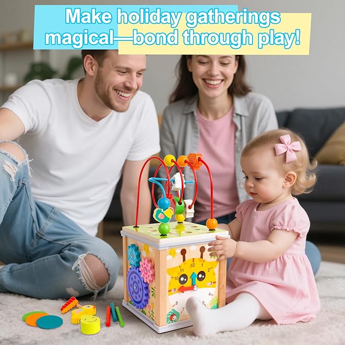 Wooden Activity Cube | 10-in-1 Montessori Toys | Multipurpose Baby Educational Developmental Toy | Bonus Shape sorter & Ball Coin Stick Drop Game | Birthday Gift for Baby Boys Girls