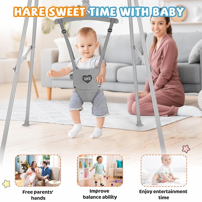 Baby Jumper with Stand, Infant Jumper for Indoor/Outdoor Play, Jumper for Baby 6-24 Months, Baby Jumpers and Bouncers with Adjustable Chain, Easy to Assemble & Store (Grey)