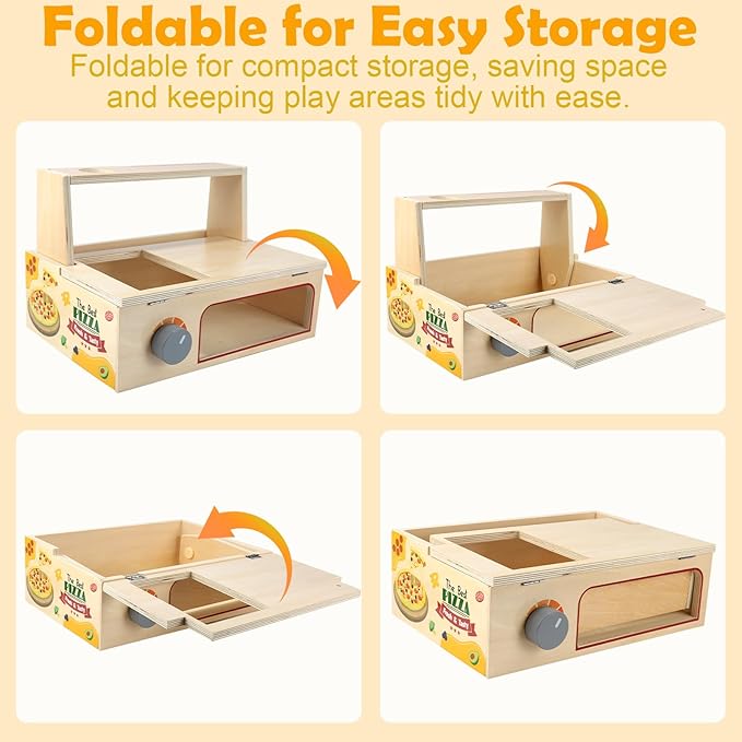 50PCS Wooden Pizza Toy, Pizza Counter Playset with Bake Oven, Kitchen Play Food and Accessories for Kids, Montessori Pretend Play Toys for Boys Girls Age 3+