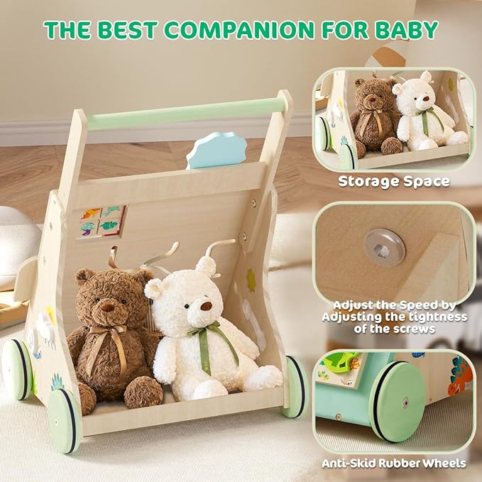 Wooden Baby Walker, Dinosaur Toddler Push Walker, Montessori Learning Activity Center for Boys Girls, Develops Motor Skills Sit-to-Stand Toys Multifunctional Educational Gifts for Kids Infant