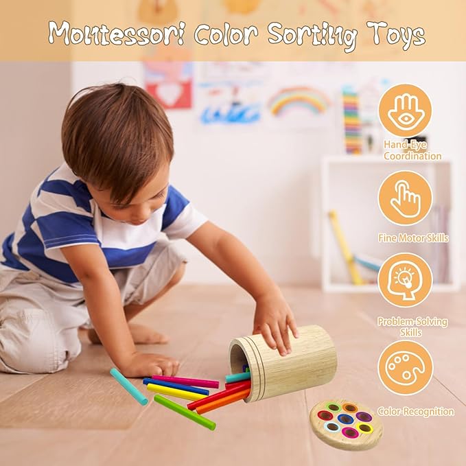 Wooden Montessori Sticks Toys for Kids, 8 Colors Natural Wood Toddler Learning Sorting Toys for 3 Year Old, Sensory Matching Game Birthday Gifts for Boys Girls (Round Sticks)