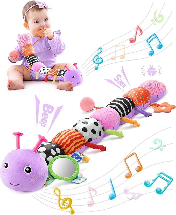 LIGHTDESIRE Baby Toys Musical Caterpillar,Infant Toys 3 6 12 Months Sensory Toy with Ruler Design,Mirror,Pull String,Crinkle&Ring Bell,Baby Teething Toy for Tummy Time Boy Girl Gifts (Lavender Purple)
