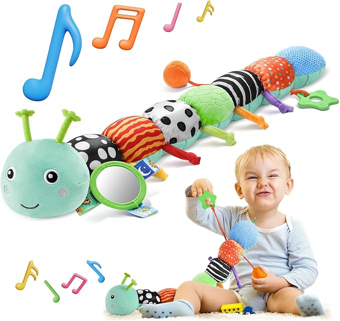HEMRLY Baby Sensory Toy 0-6 Months, Musical Stuffed Caterpillar Plush with Teether, Crinkle, Rattle, Baby Mirror for Tummy Time, Infant Car Seat Toy for 0-3-6-12 Month Boys Girls Gifts - Knotted Blue