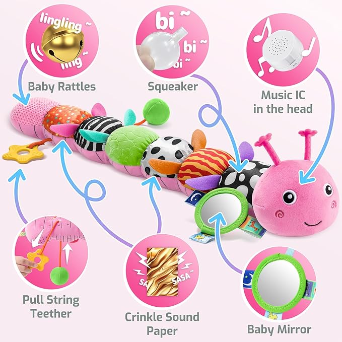Sumobaby Baby Toys 0-6 6-12 Months,Music Caterpillar Plush Toy with Baby Mirror, Pull String&Crinkle Rattle,Infant Sensory Toys,Tummy Time for 0-3-6-12 Month Boys Girls Newborn Gifts (Pink-Leaf)