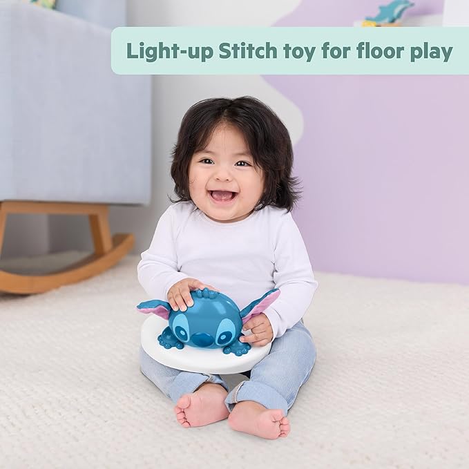Bright Starts Disney Stitch Little Ohana Baby Activity Jumper with Interactive Toys, Lights & Music with Stitch, Angel & Scrump, 6-12 Months (Blue)