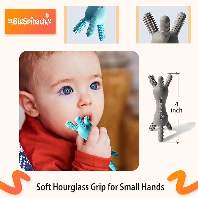 3D Baby Teether, BPA-Free Multi-Texture Silicone Teething Stick Toy,360-Degree Textured Design, Easy-Grip Design for Infants and Toddlers (Grey, 3D)