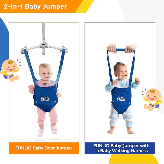 FUNLIO 2 in 1 Baby Door Jumper with Door Clamp, Baby Walking Harness for 6-24 Months, Infant Jumper Doorway with Strong Spring & Adjustable Strap, Easy to Assemble & Store - Blue