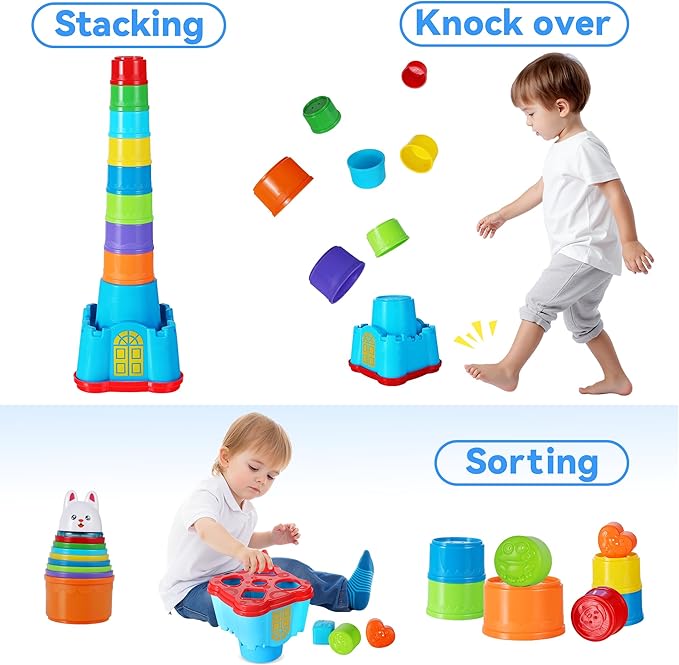 iPlay, iLearn Baby Stacking Toys, Toddler Nesting Stack Cups, Infant Stackable Block, Kids Sorting Game W/Shape Sorter for Sand Bath, Birthday Gift for 12 18 24 Month 1 2 3 Year Old Boys Girls