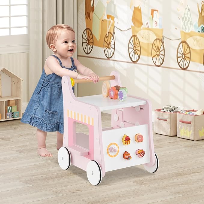 BABY JOY 2-in-1 Wooden Baby Walker, Montessori Activity Center w/Storage, Wheels, Kids Dessert Shop Walking Toy w/Ice Cream, Slider, Maze, Plate, Push Walker for Boys and Girls 1+ Years Old (Pink)