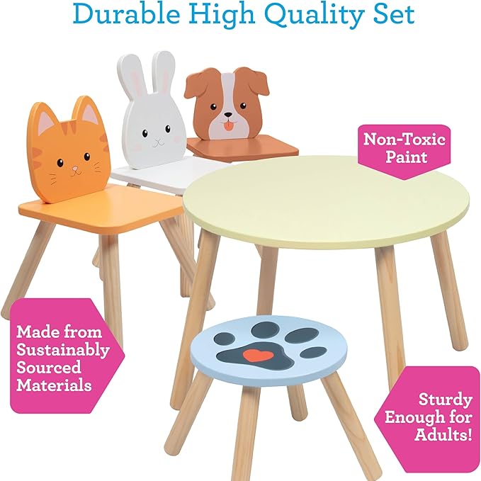Kids Wooden Animal Table & Chair Set w 4 Seats- Puppy Kitten Bunny Plus Adult Stool for Arts Crafts Activity, Dining, Pretend Play- Playroom Furniture for Home, Daycare Classroom- Toddler Xmas Gift
