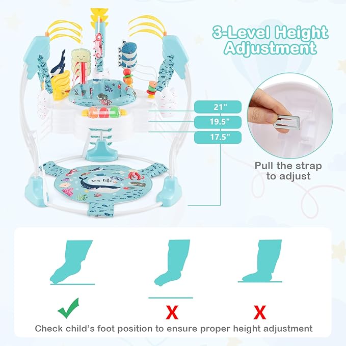 HONEY JOY Baby Bouncer Activity Center, Infant Jumper and Table w/ 360° Rotary Seat, 3 Adjustable Heights, Mat, Music, Lights, Sounds & Developmental Toys, Activity Center for Babies (Light Blue)