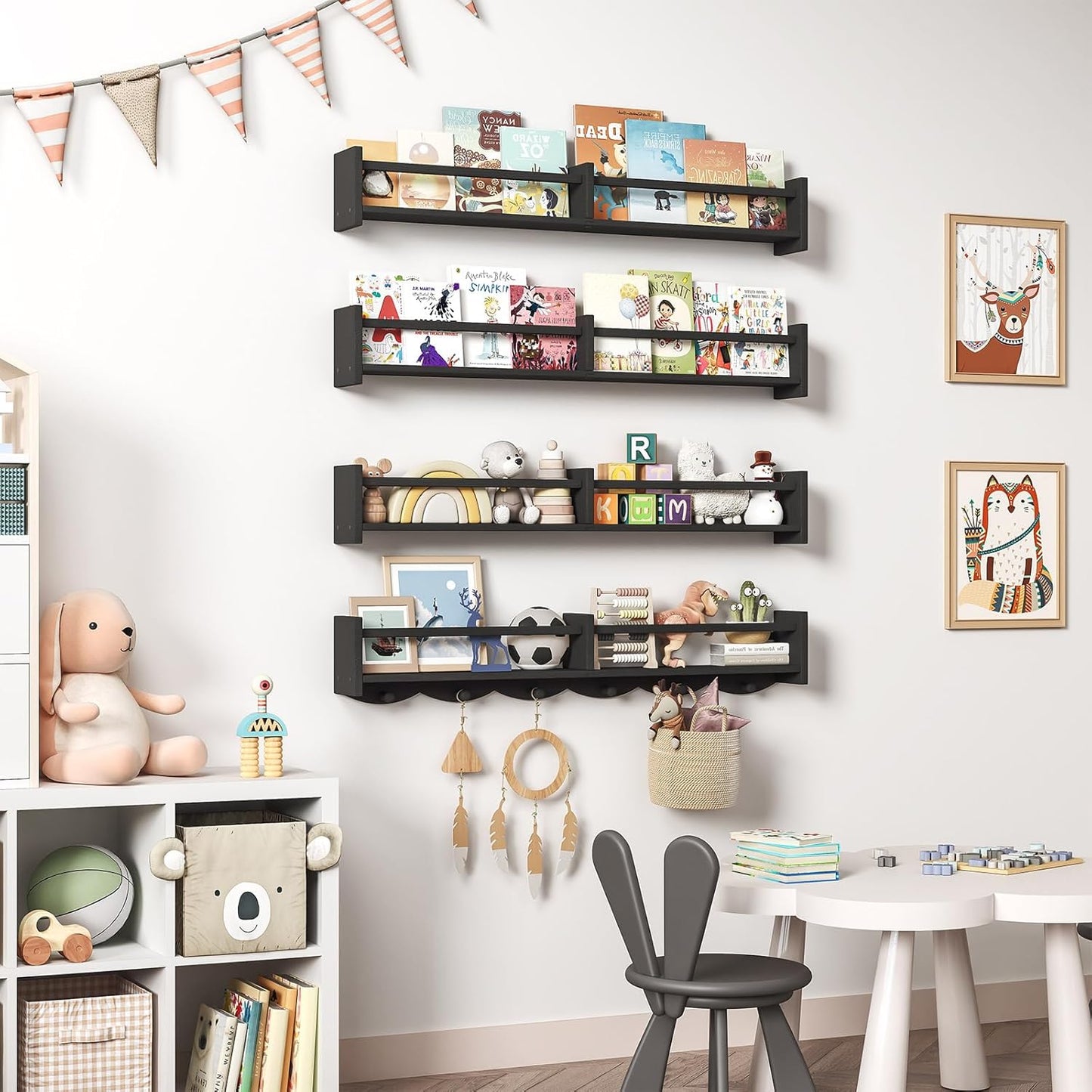 34Inch Nursery Bookshelves,Set of 4,Wall Floating Shelf Kids Coat Rack with 6Hooks,Hanging Book Shelf for Baby Nursery Room Décor ，Patent Number: 29958098(Black, 34)