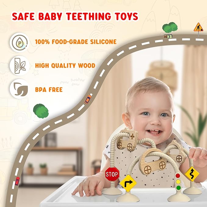 High Chair Suction Toys for Babies 6-12 Months, Suction Cup Toy for Toddlers 1-3, Baby Sensory Montessori Chew Toy for Babies 0-6 Month, Silicone Baby Teething Toys for 12-18 Months