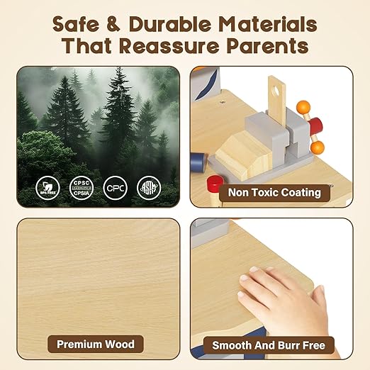 BIERUM Kids Tool Bench - Wooden Toddler Tool Bench with Electric Drill, Kids Workbench Playset with Realistic Tools, Tool Bench for Kids Ages 1-3 3-5, Pretend Play Construction Toy Gift for Toddler