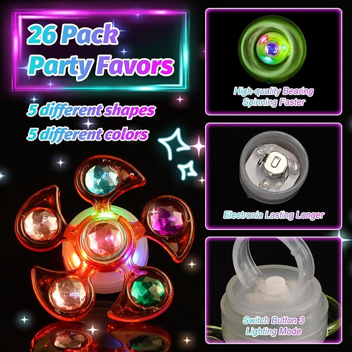26 Pcs Glow Fidget Spinner Rings Bulk, LED Finger Lights Rotating Toy, Glow in The Dark Party Favor for Kids 4-12 Light Up Treasure Box Goodie Bag Basket Birthday Gifts for Boy Girl Christmas NewYear
