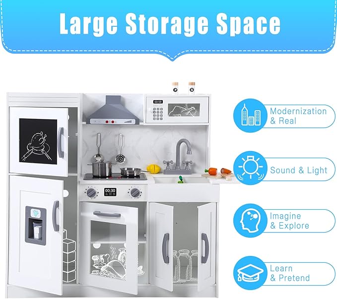 Kids Kitchen Playset,Wooden Play Kitchen Playset with Ice Maker Microwave,Oven and Other Accessories,Chef Pretend Play for Toddlers with Real Lights & Sound,Toy Gift for Boys Girls