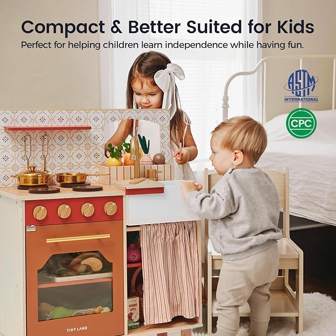 Tiny Land Play Kitchen, Kids Kitchen Playset, Toddler Kitchen with Cutting Food Set, Wooden Kitchen Sets for Kids, Gift for Girls and Boys