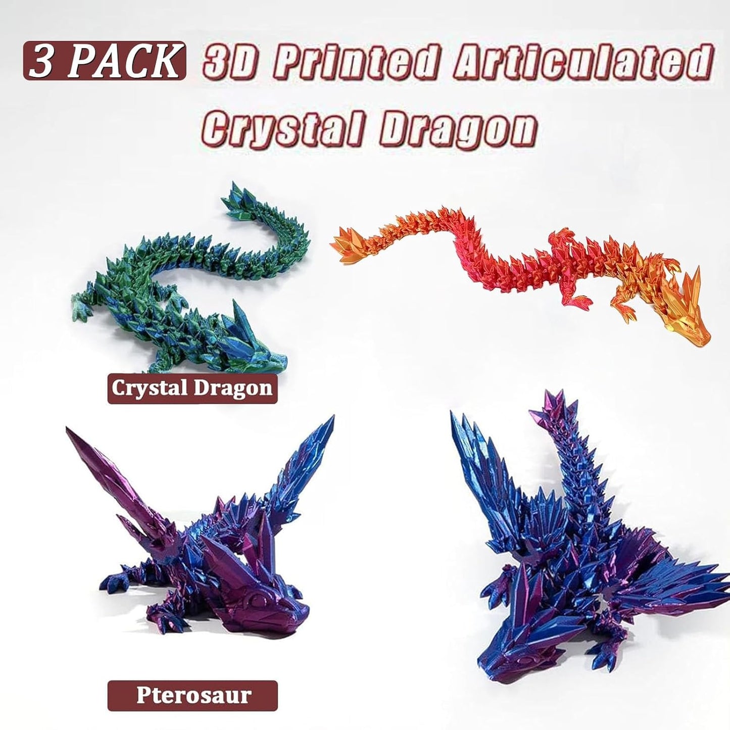 3D Printed Dragon with Wings, 2 Pack Mystery Dragon Fidget Toy, Mythical Pieces Articulated Luminous Dragon, Home Office Decor Executive Desk Toys