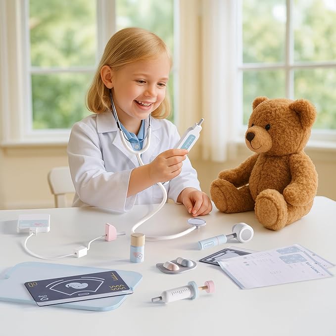 ROBUD Toddler Doctor Play Set, Complete Doctor Kit for Kids with Adjustable Height and Medical Tools, Wooden Pretend Play Pet Doctor Cart for Kids Aged 3+, Vet Kit for Imaginative Role Play Fun