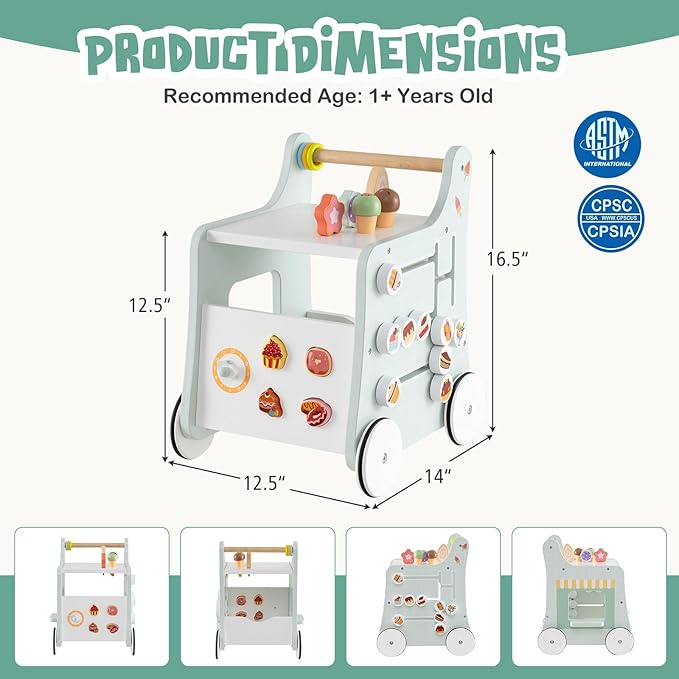 BABY JOY 2-in-1 Wooden Baby Walker, Montessori Activity Center w/Storage, Wheels, Kids Dessert Shop Walking Toy w/Ice Cream, Slider, Maze, Plate, Push Walker for Boys and Girls 1+ Years Old (Green)