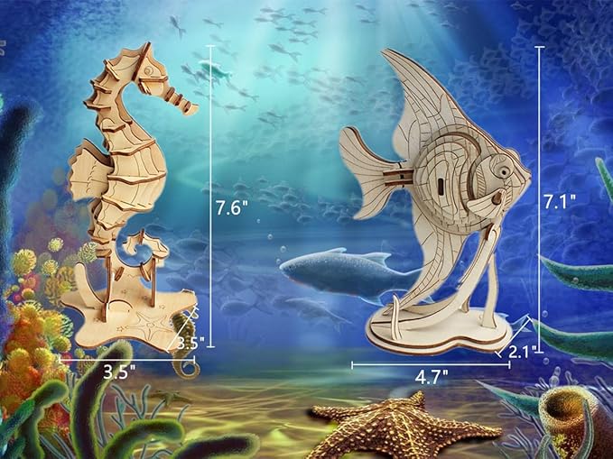 3D Wooden Sea Animal Puzzle - 6 Piece Set Wood Sea Animals Skeleton Assembly Model Kits - Wooden Crafts DIY Brain Teaser Puzzle - STEM Toys Gifts for Adults & Teens Birthday Gifts Christmas