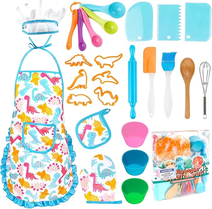 KAEGREEL Kids Baking Chef Set, 26Pcs with Dinosaur Apron & Hat Role Play Cooking Chef Cooking Dress Up Toys, Pretend Play Kitchen Toys Gifts for Boys Girls Aged 3-8