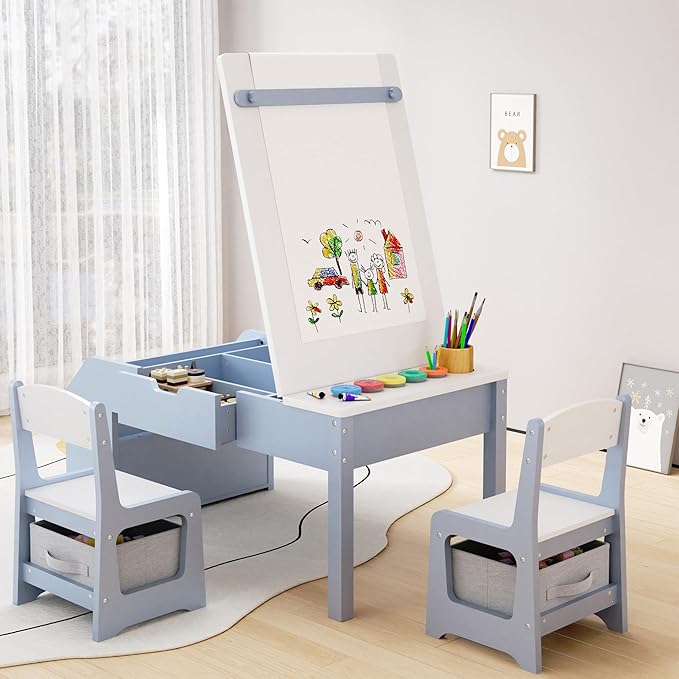 5-in-1 Kids Art Table and Chairs, Wood Toddler Table and Chair Set with Storage Drawers, Craft Play Desk for Kids, Convertible Art Easel with Paper Roll Holder, Children Activity Learning Center-Blue