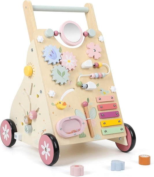 Wooden Baby Walker, Baby Push Walker, Push Walker Toys for Babies Learning to Walk & Sit-to-Stand, with Montessori Sensory Toy & Activity Center for Girls Boys