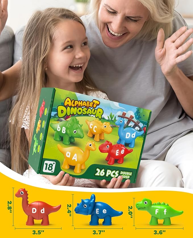 26PCS Dinosaur Alphabet Learning Toys for 18M+, Montessori Educational Toys for 3 4 5 Year Old, Toddlers Preschool Activities Fine Motor Toys for Boys, Double Sided ABC Matching Game