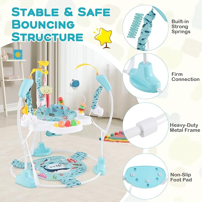 BABY JOY Baby Jumpers and Bouncers, Infant Activity Center with Music Lights Sounds, 360° Rotating Seat and 3 Adjustable Heights, Baby Play and Learning Center for 6-12 Months