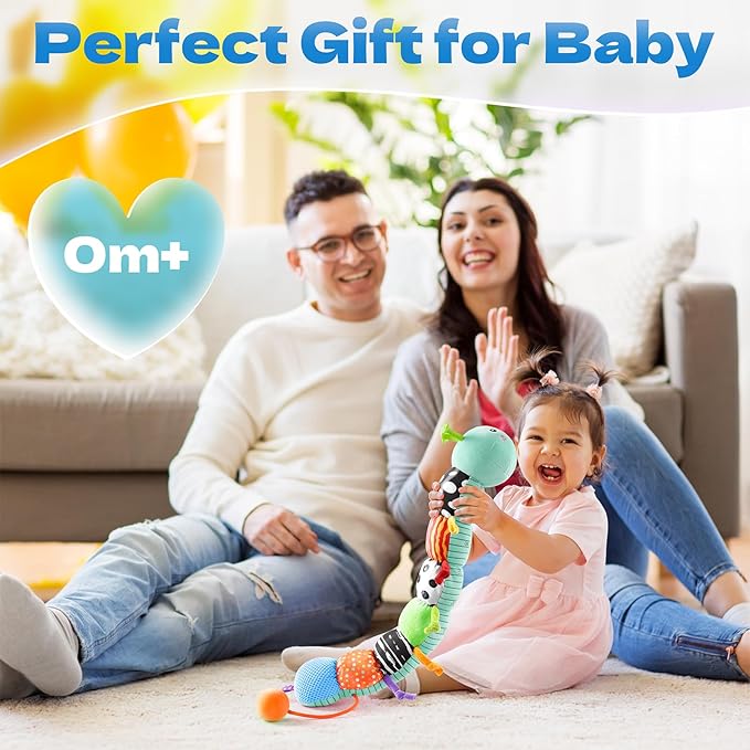 HEMRLY Baby Sensory Toy 0-6 Months, Musical Stuffed Caterpillar Plush with Teether, Crinkle, Rattle, Baby Mirror for Tummy Time, Infant Car Seat Toy for 0-3-6-12 Month Boys Girls Gifts - Knotted Blue
