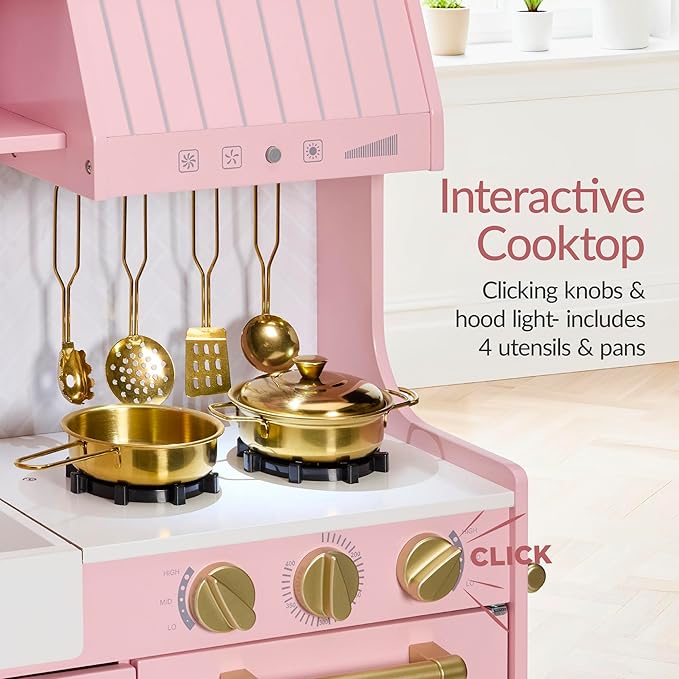 Best Choice Products Pretend Play Kitchen for Kids, Interactive Wooden Toddler Playset with Espresso Machine, Toy Storage, 17 Accessories - Pink