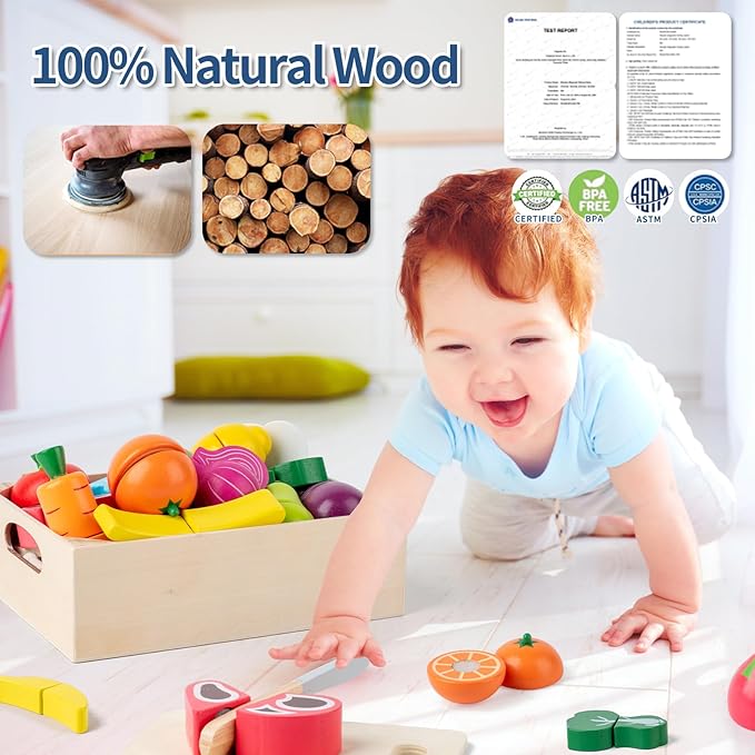 32 Pcs Wooden Play Food Sets for Kids Kitchen Accessories, Montessori Educational Toys Food, Pretend Play Food for Toddlers, Velcro Fruits and Vegetables Cutting Set for Kids Boys Girls