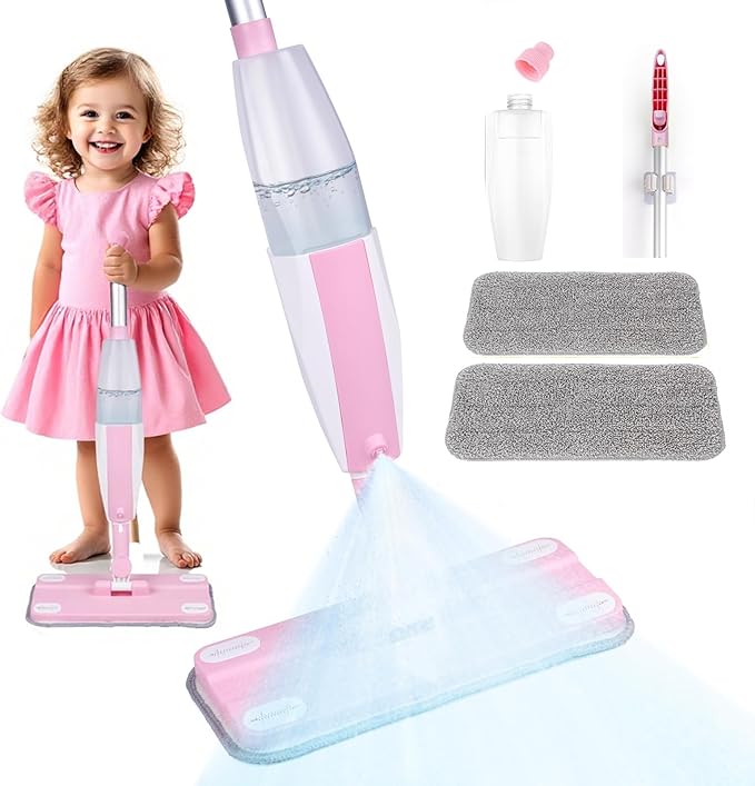 Kids Spray Mop,Fun & Functional Toddler Cleaning Set,Real Working Mop for Floors,Pretend Play – Includes Spray Bottle, 2 Washable Microfiber Pads, Montessori Kids Cleaning Toy Set -Pink