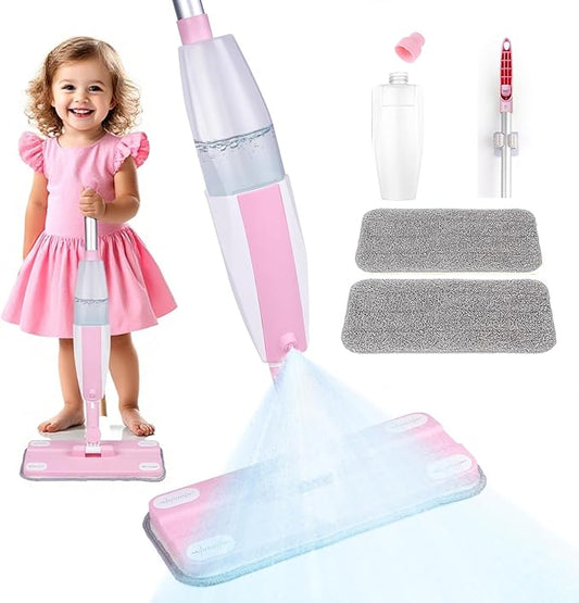 Kids Spray Mop,Fun & Functional Toddler Cleaning Set,Real Working Mop for Floors,Pretend Play – Includes Spray Bottle, 2 Washable Microfiber Pads, Montessori Kids Cleaning Toy Set -Pink