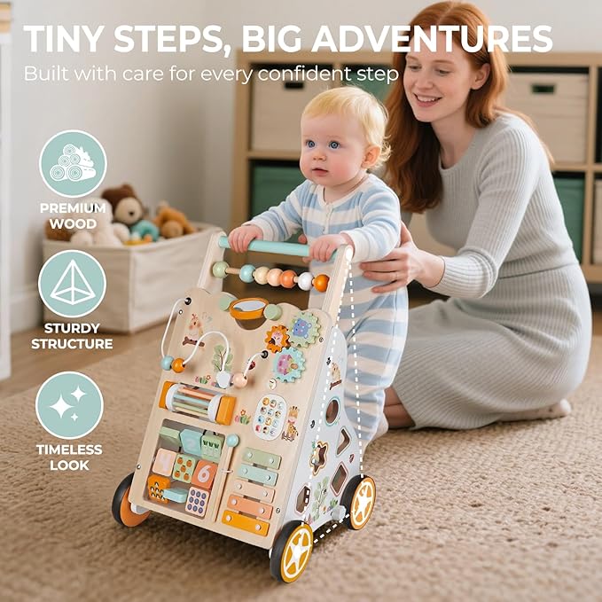 Baby Push Walker, Wooden Baby Walker with Wheels, Montessori Activity Center for 1 2 3 Years Old Boys Girls, Adjustable Speed & Height Push Toy for Toddler Learning to Walk, Gift for Kids Development