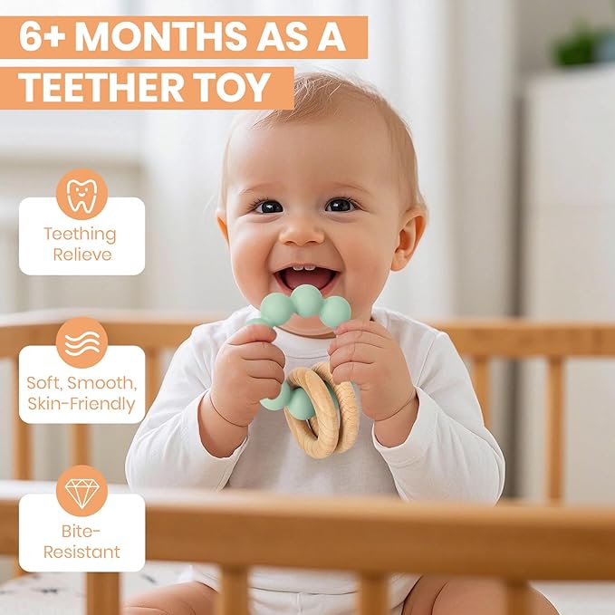 Socub Baby Teething Toys for 0-6 6-12 Months- BPA-Free Food-Grade Silicone & Natural Beech Wood Teether Ring for Newborn Infants Teething Relief- Easy-Grip Sensory Rattle Toys(Cambridge Blue)